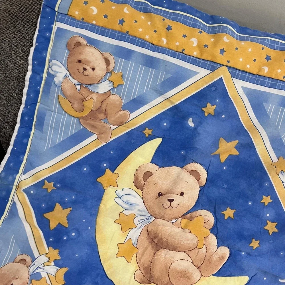 Vtg 90s Celestial Angel Teddy Bear Moon Stars Baby Quilt‎ Blue Yellow 33x42